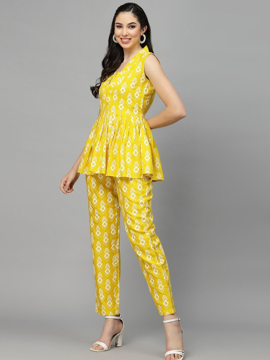 Women Stylum Co-Ords | Buy Stylum Yellow Ikat Printed V Neck Top & Trousers Co Ords Set - Apparel For Women