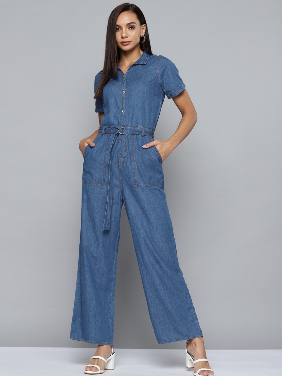 Women Chemistry Jumpsuits | Buy Chemistry Blue Solid Cotton Chambray Basic Jumpsuit With Belt - Apparel For Women