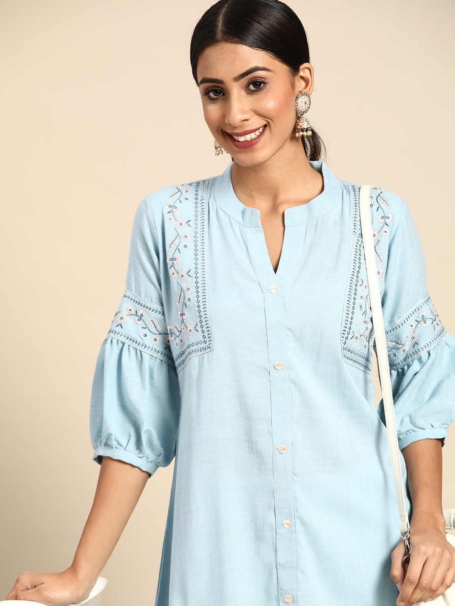 Women Sangria Kurtis, Tunics & Tops | Buy Sangria Blue Embroidered Detail A Line Top - Apparel For Women