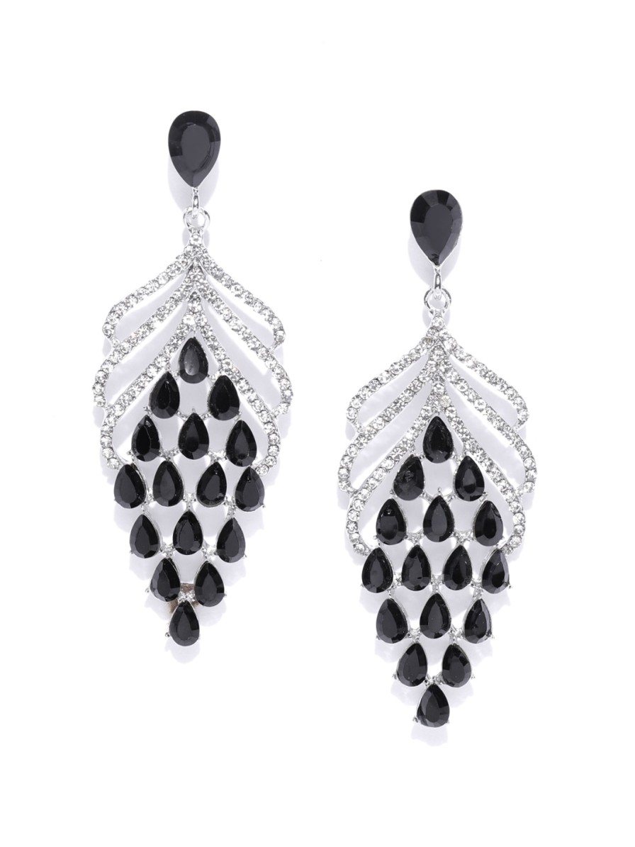 Women DressBerry Earrings | Buy Dressberry Black & Silver Toned Stone Studded Contemporary Drop Earrings - Accessories For Women