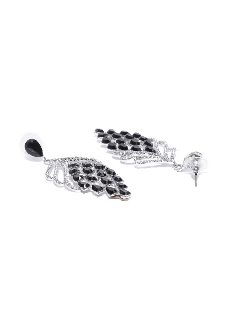 Women DressBerry Earrings | Buy Dressberry Black & Silver Toned Stone Studded Contemporary Drop Earrings - Accessories For Women