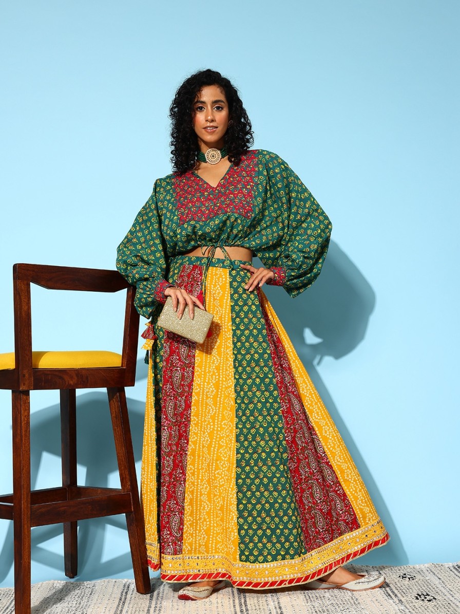 Women Sangria Lehenga Cholis | Buy Sangria Bandhani Print Cotton Ready To Wear Fusion Lehenga Set - Apparel For Women