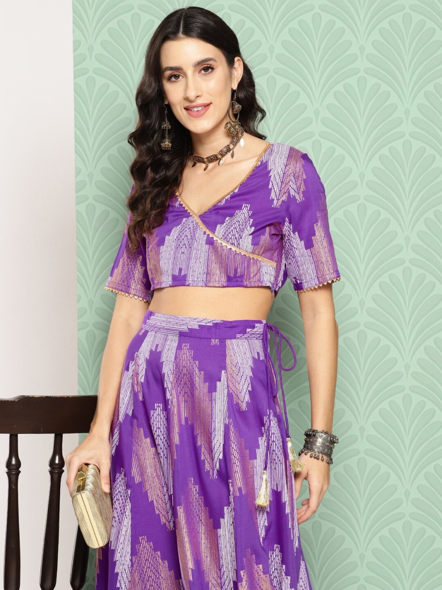 Women Sangria Lehenga Cholis | Buy Sangria Geometric Printed Gotta Patti Fusion Lehenga Choli - Apparel For Women