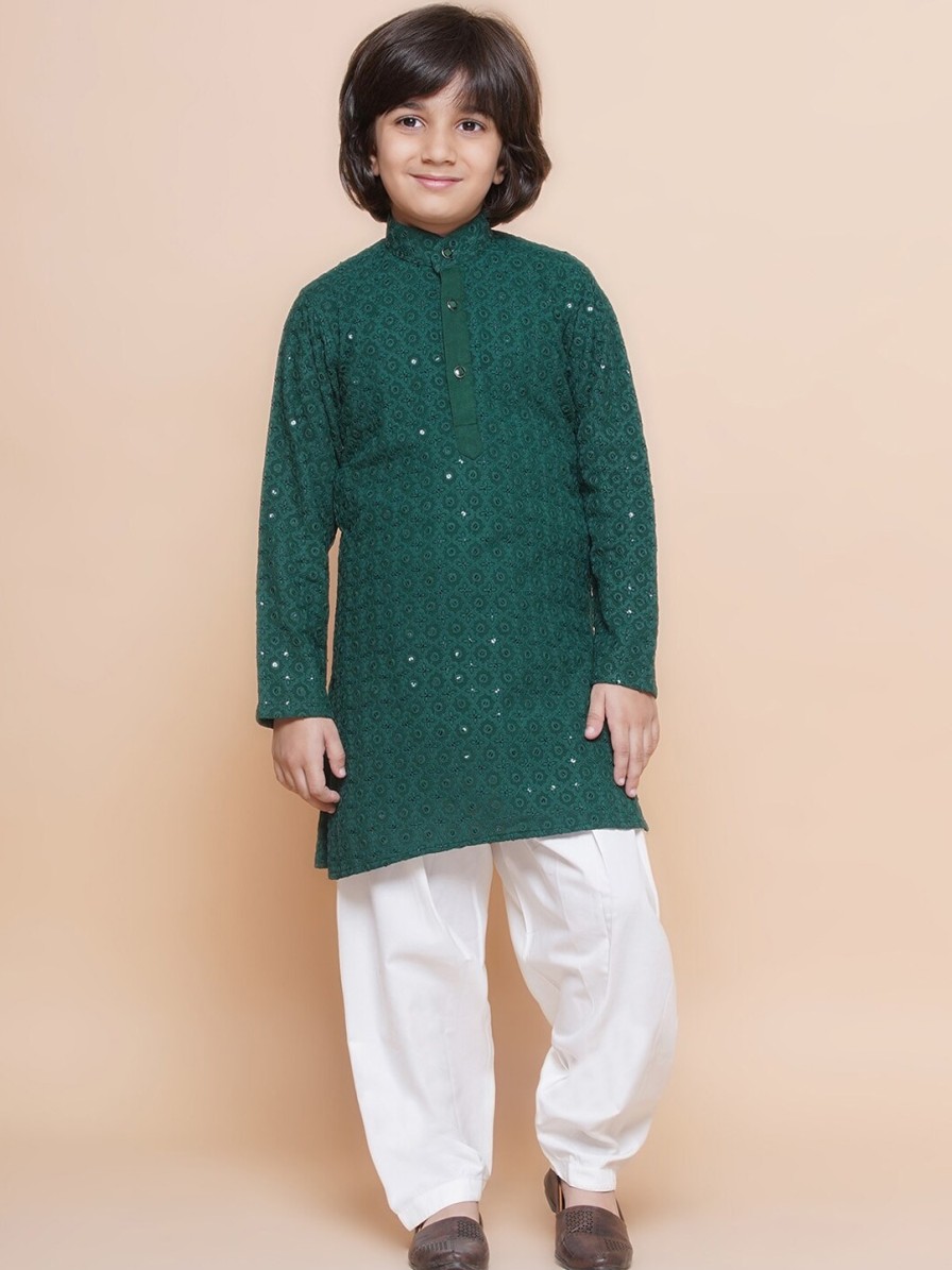 Kids Aj DEZInES Ethnic Wear | Buy Aj Dezines Boys Floral Embroidered Regular Sequinned Pure Cotton Kurta With Salwar - Apparel For Boys