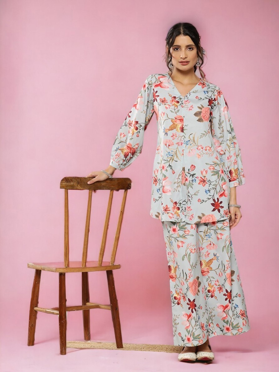 Women Ahalyaa Co-Ords | Buy Ahalyaa Floral Printed Tunic & Palazzo Ethnic Co Ords - Apparel For Women