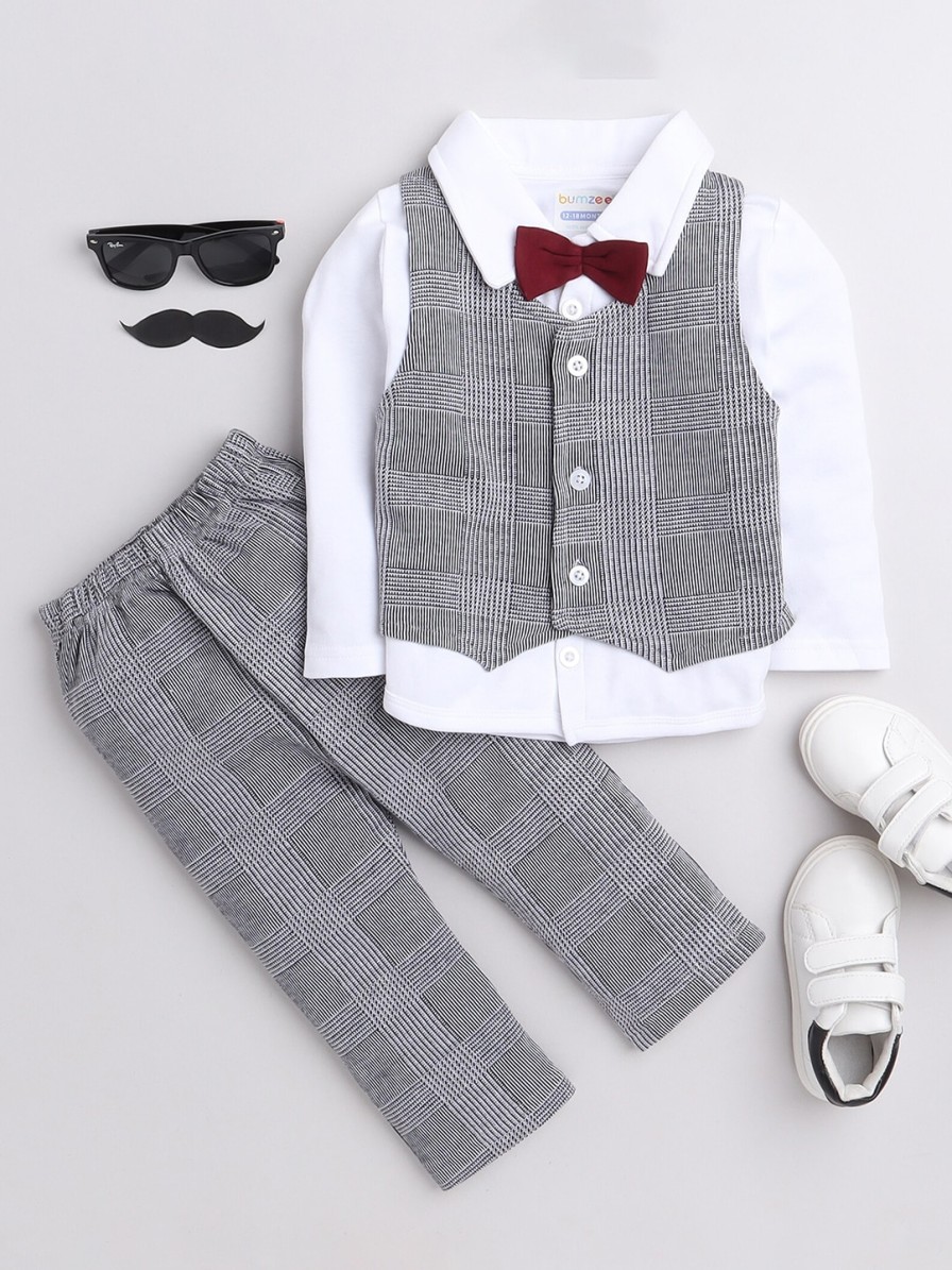 Kids BUMZEE Party Wear | Buy Bumzee Boys Grey & White Pure Cotton Shirt With Trousers With Applique Bow - Apparel For Boys