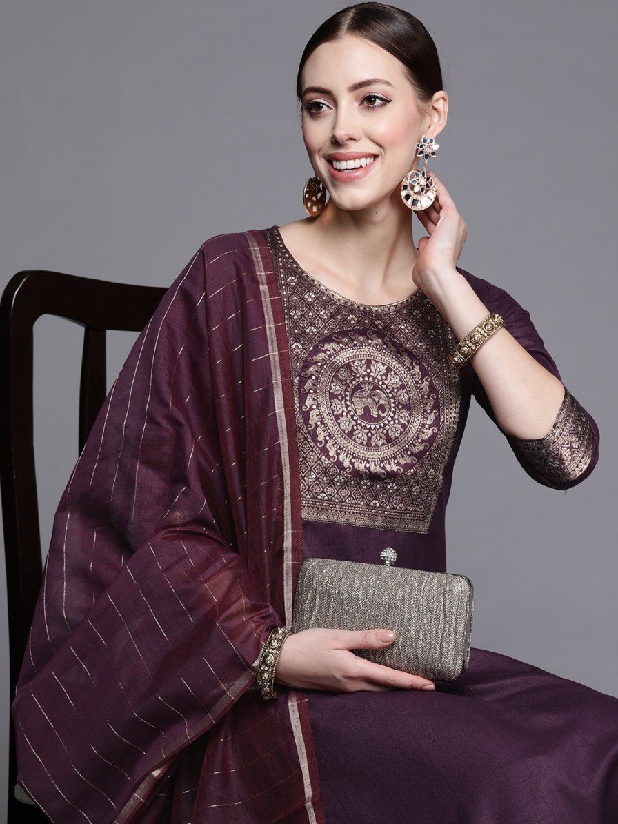 Women Indo Era Kurtas & Suits | Buy Indo Era Women Purple Yoke Design Kurta With Palazzos & With Dupatta - Apparel For Women