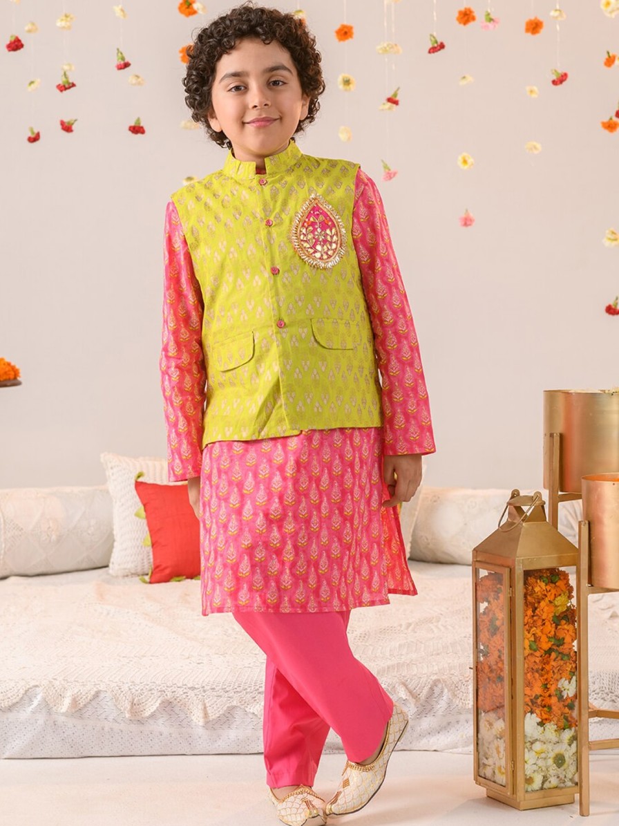 Kids pspeaches Ethnic Wear | Buy Pspeaches Boys Ethnic Motifs Printed Pure Cotton Kurta With Pyjamas & Nahru Jacket - Apparel For Boys