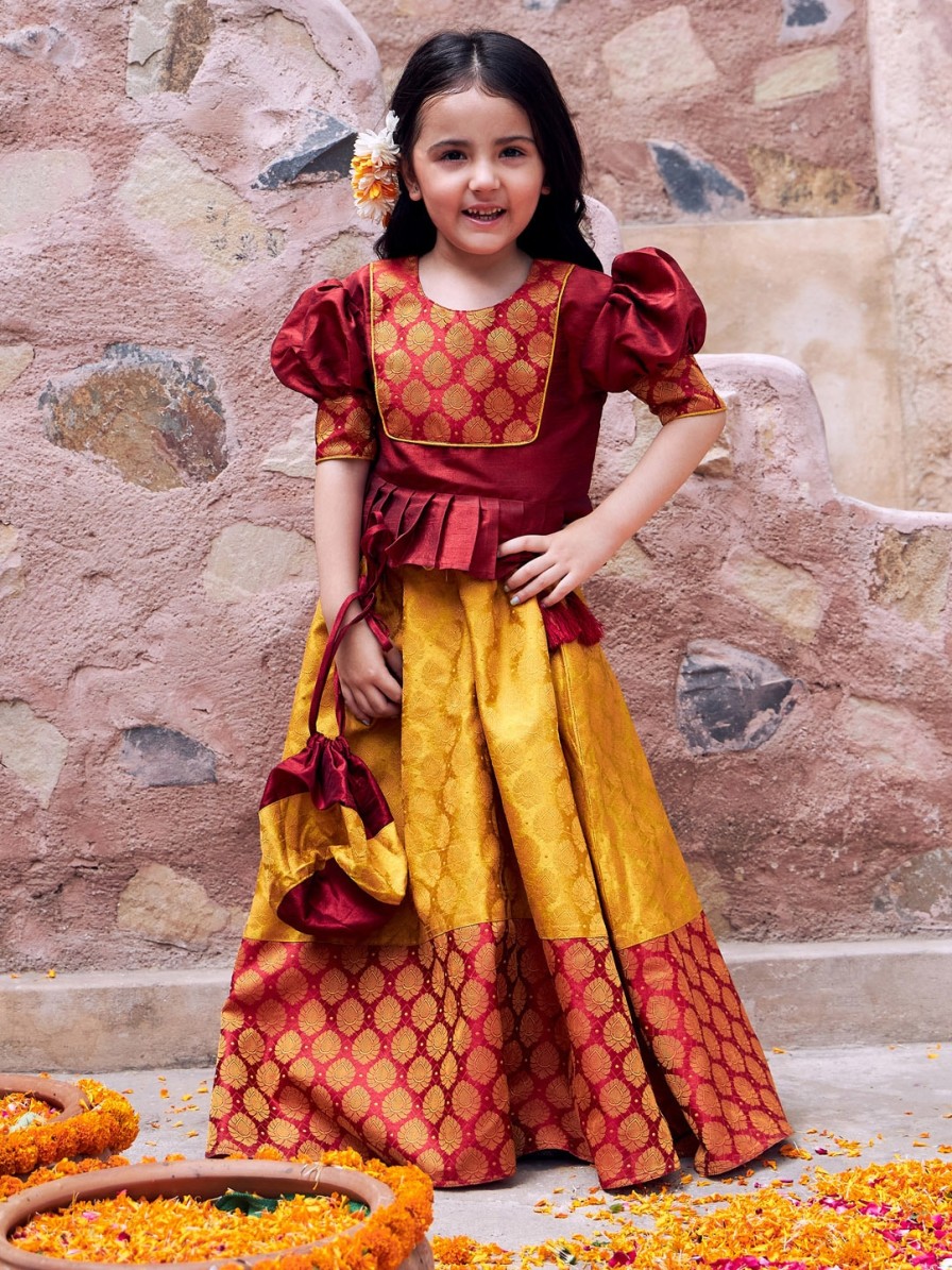 Kids VASTRAMAY Lehenga Choli | Buy Vastramay Girls Maroon & Yellow Ready To Wear Lehenga & Choli - Apparel For Girls