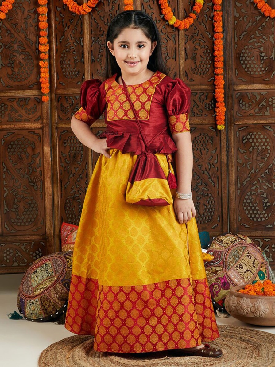 Kids VASTRAMAY Lehenga Choli | Buy Vastramay Girls Maroon & Yellow Ready To Wear Lehenga & Choli - Apparel For Girls