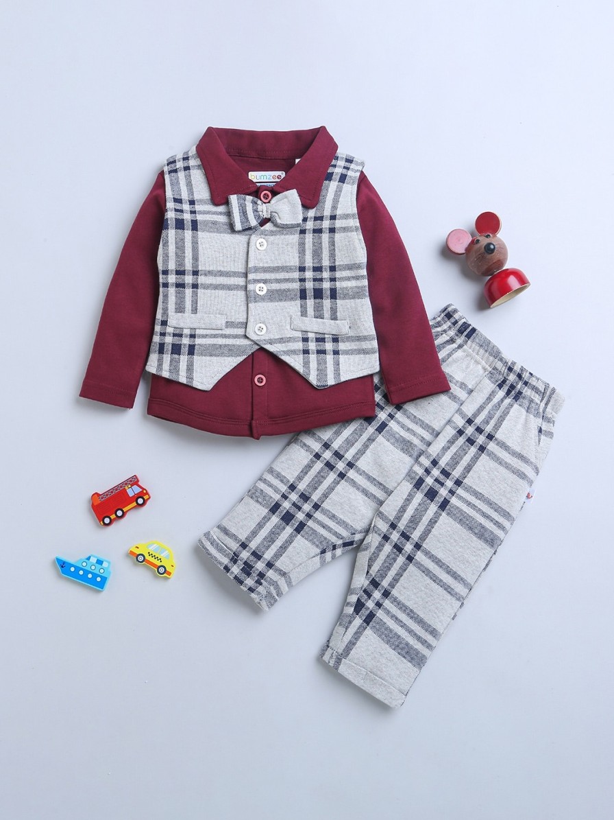 Kids BUMZEE Party Wear | Buy Bumzee Boys Pure Cotton Clothing Set With Waistcoat & Bow - Apparel For Boys