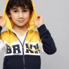 Kids HERE&NOW Jacket, Sweater & Sweatshirts | Buy Here&Now Boys Navy Blue & Yellow Colourblocked & Printed Hooded Sweatshirt - Apparel For Boys