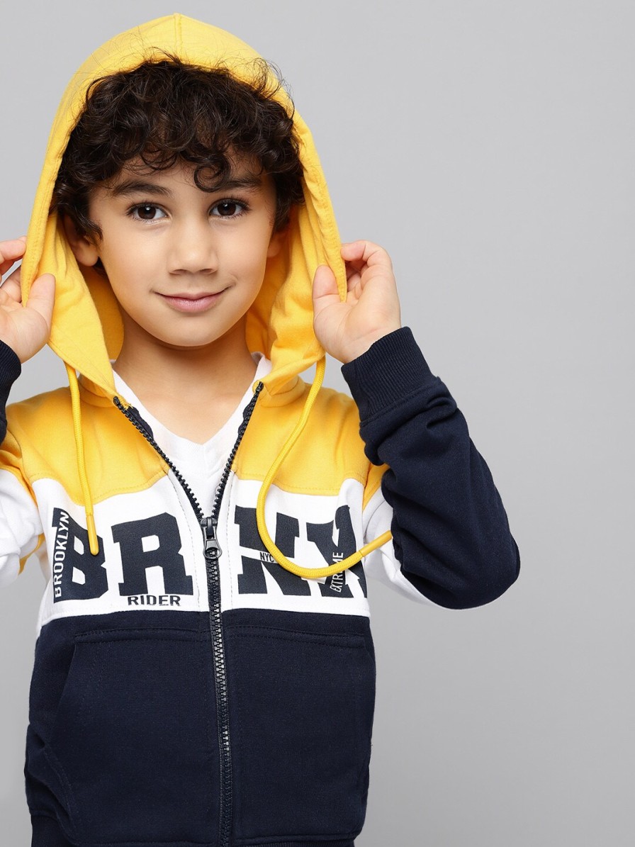 Kids HERE&NOW Jacket, Sweater & Sweatshirts | Buy Here&Now Boys Navy Blue & Yellow Colourblocked & Printed Hooded Sweatshirt - Apparel For Boys