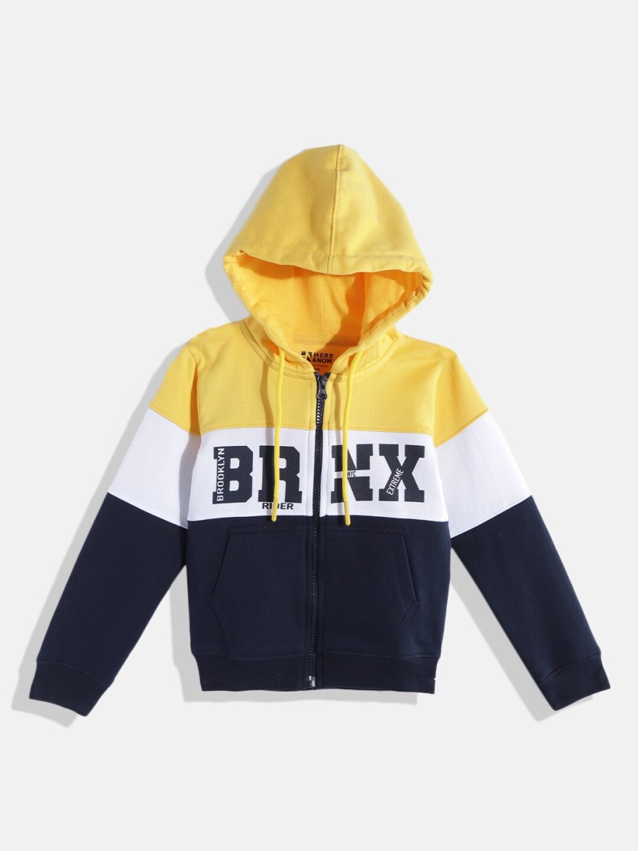 Kids HERE&NOW Jacket, Sweater & Sweatshirts | Buy Here&Now Boys Navy Blue & Yellow Colourblocked & Printed Hooded Sweatshirt - Apparel For Boys