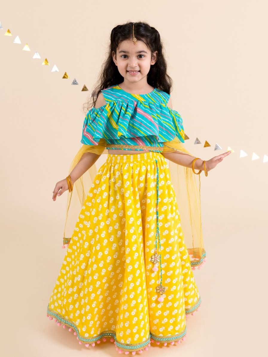 Women pspeaches Lehenga Cholis | Buy Pspeaches Girls Yellow & Turquoise Blue Printed Ready To Wear Lehenga & Blouse With Dupatta - Apparel For Girls