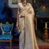 Women Mitera Sarees | Buy Mitera Cream Coloured & Gold Toned Ethnic Motifs Zari Silk Blend Kanjeevaram Saree - Apparel For Women