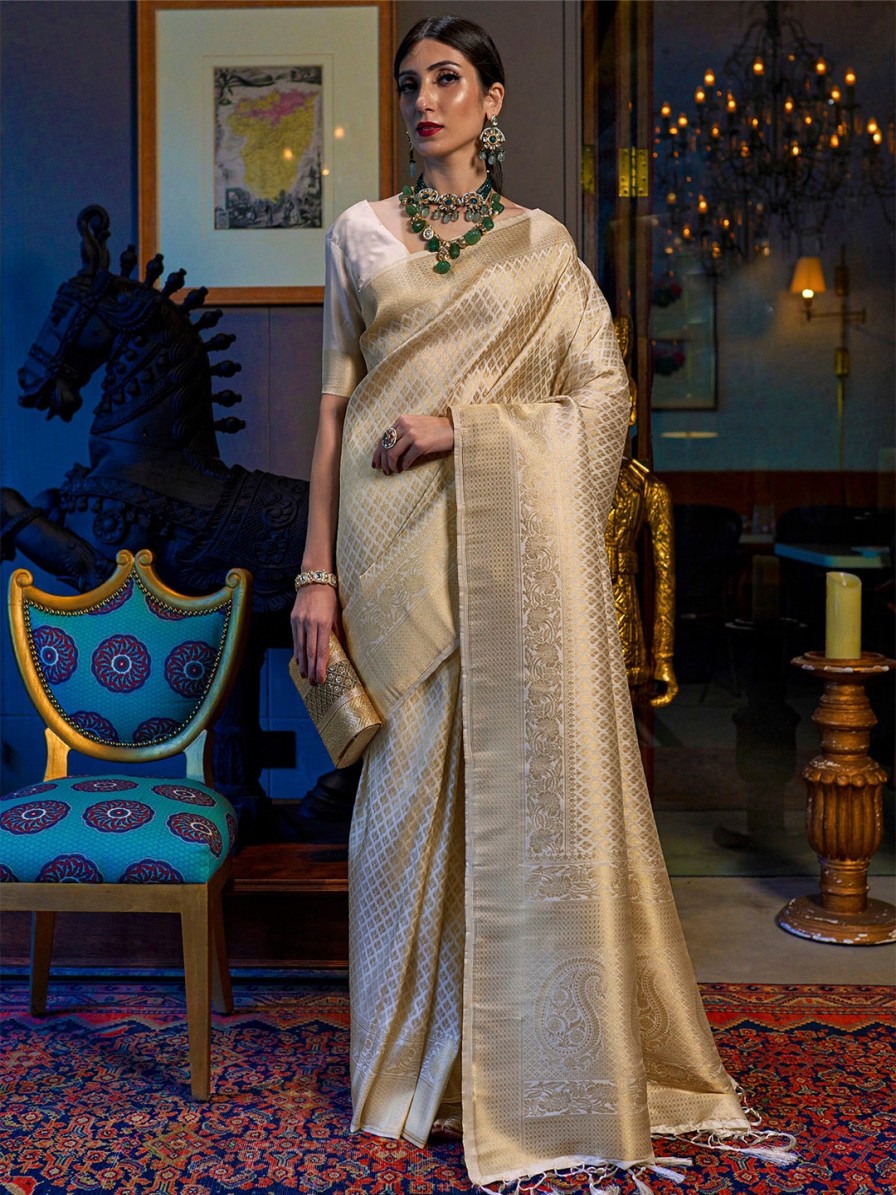 Women Mitera Sarees | Buy Mitera Cream Coloured & Gold Toned Ethnic Motifs Zari Silk Blend Kanjeevaram Saree - Apparel For Women