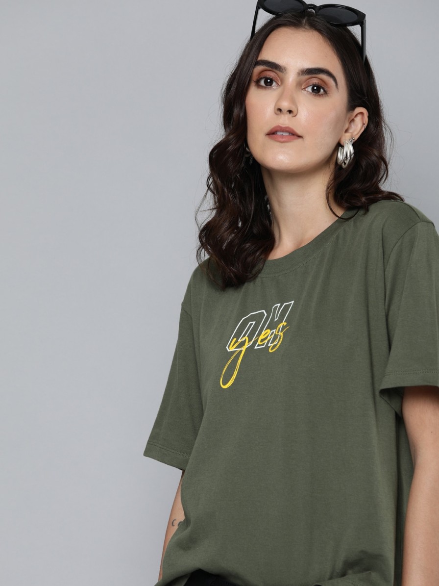 Women Kook N Keech Tshirts | Buy Kook N Keech Women Olive Green Printed Round Neck Relaxed Pure Cotton T Shirt - Apparel For Women