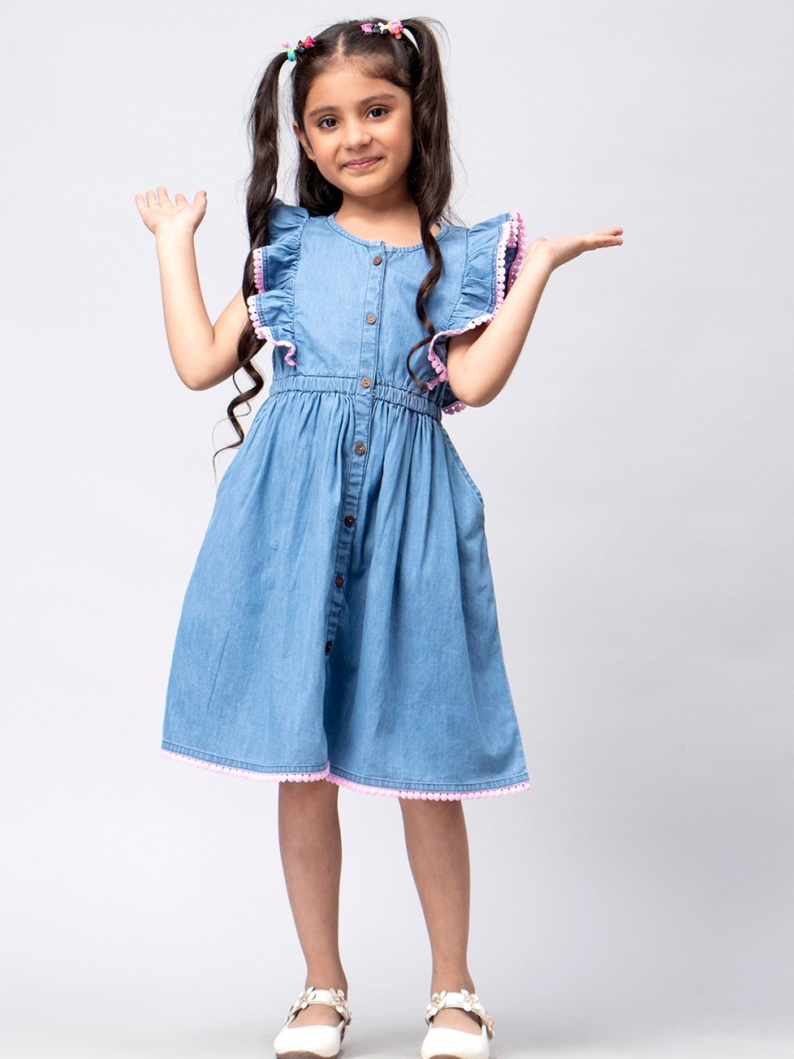 Kids HERE&NOW Dresses | Buy Here&Now Girls Blue Flutter Sleeve Cotton A Line Dress - Apparel For Girls