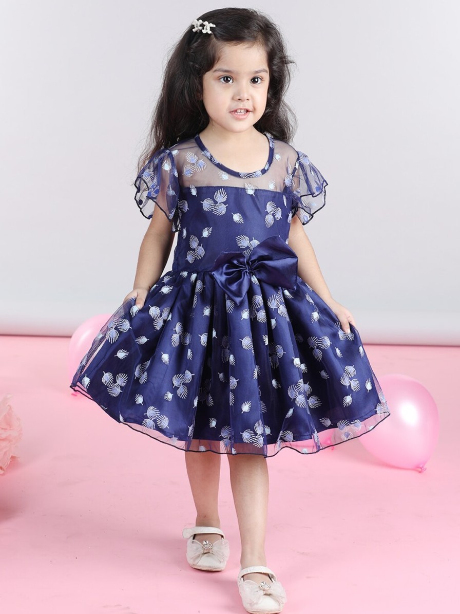 Kids Cutiekins Party Wear | Buy Cutiekins Girls Ethnic Motifs Printed Flutter Sleeve Net Bow Fit & Flare Dress - Apparel For Girls