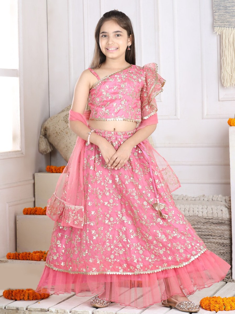 Kids Cutiekins Lehenga Choli | Buy Cutiekins Girls Floral Embroidered Sequinned Ready To Wear Lehenga & Blouse With Dupatta - Apparel For Girls