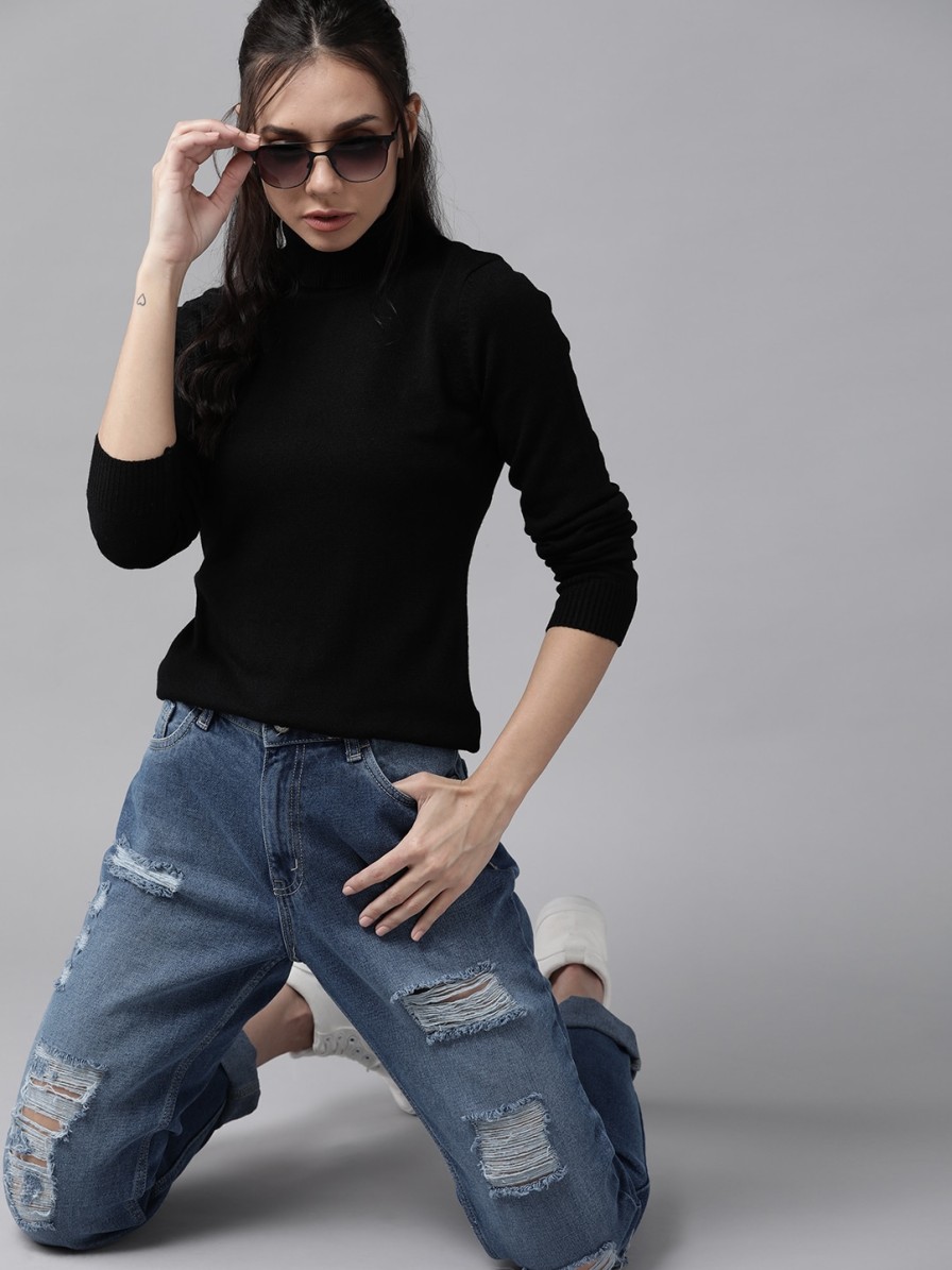 Women Roadster Sweaters & Sweatshirts | Buy Roadster Women Black Solid Turtle Neck Pullover - Apparel For Women