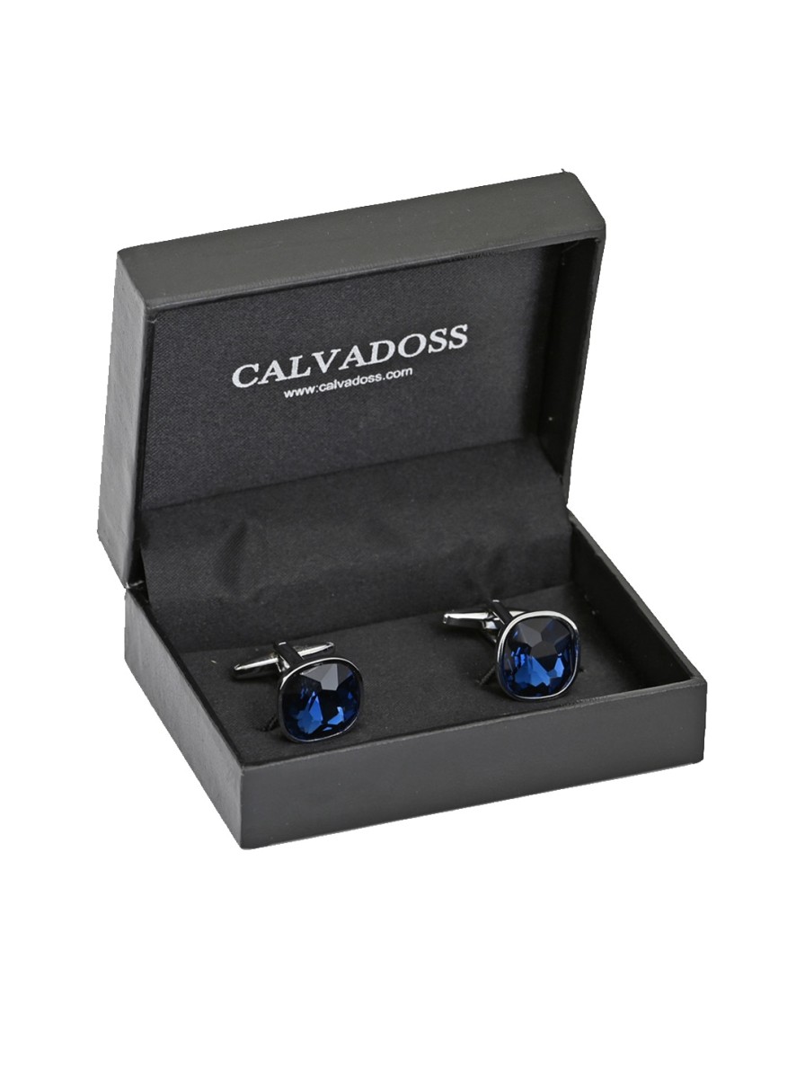 Men Calvadoss Ties, Cufflinks & Pocket Squares | Buy Calvadoss Navy Blue & Silver Plated Square Cufflinks - Accessories For Men