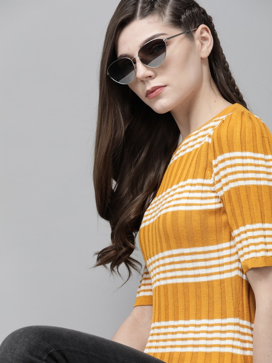 Women Roadster Tops | Buy The Roadster Lifestyle Co Mustard Yellow & White Striped Fitted Top - Apparel For Women