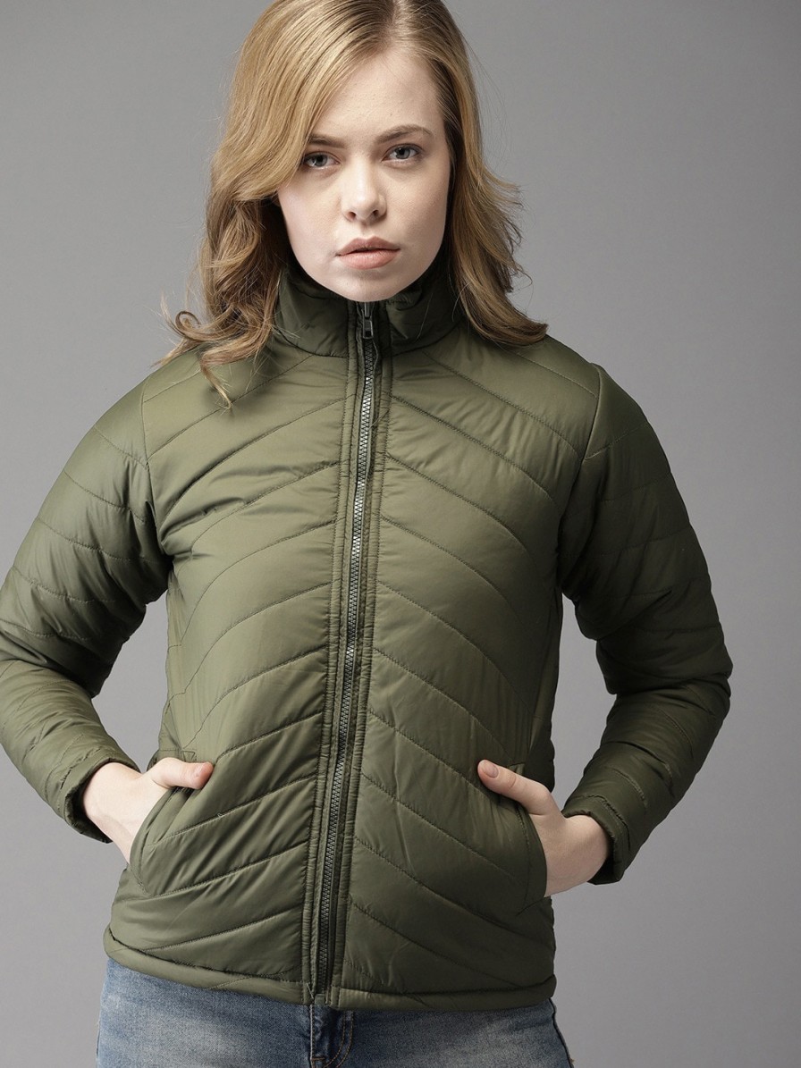 Women Campus Sutra Jackets | Buy Campus Sutra Women Olive Green Striped Windcheater Outdoor Puffer Jacket - Apparel For Women