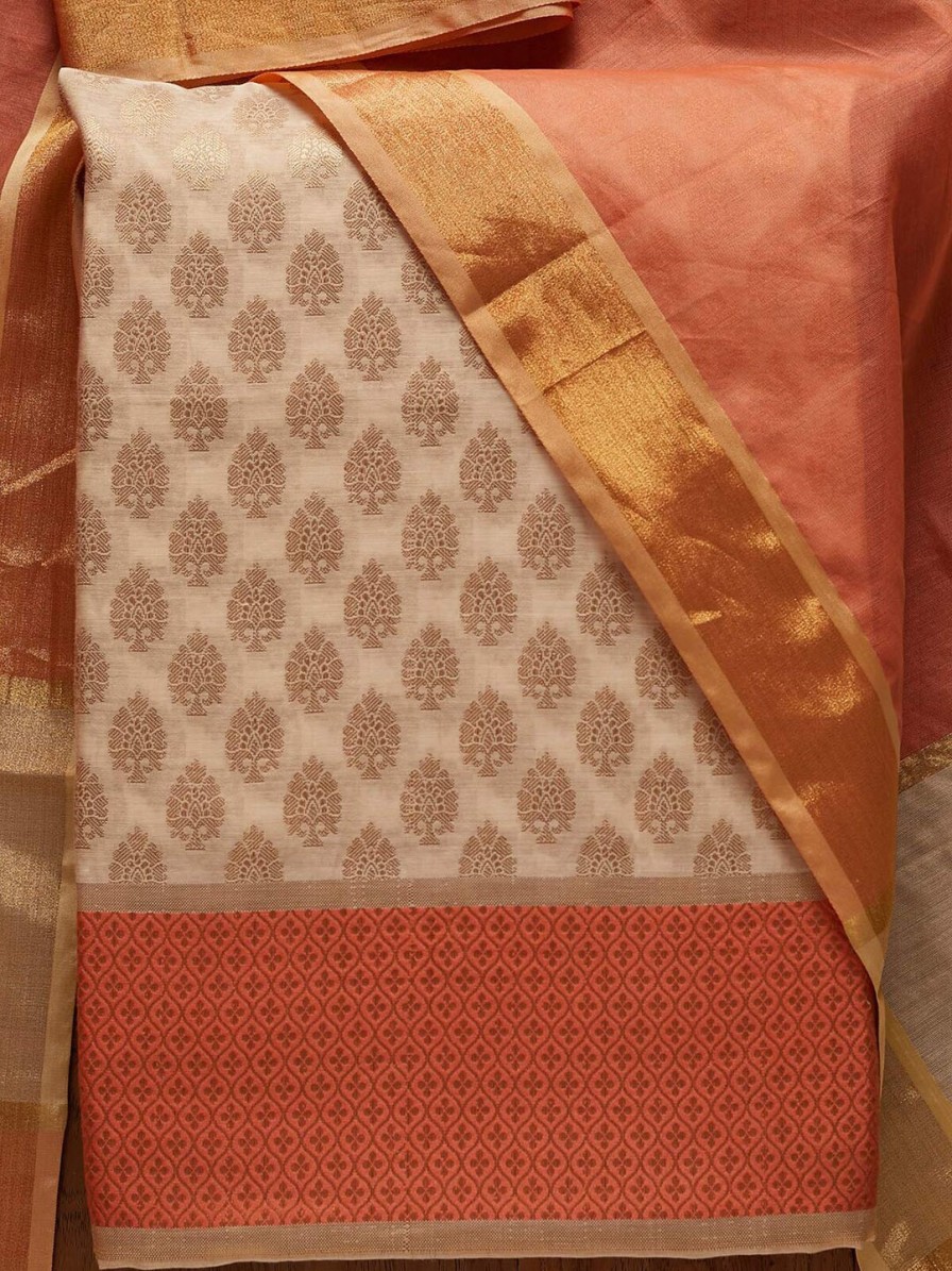 Women Koskii Dress Materials | Buy Koskii Gold Toned & Orange Embroidered Art Silk Unstitched Dress Material - Apparel For Women