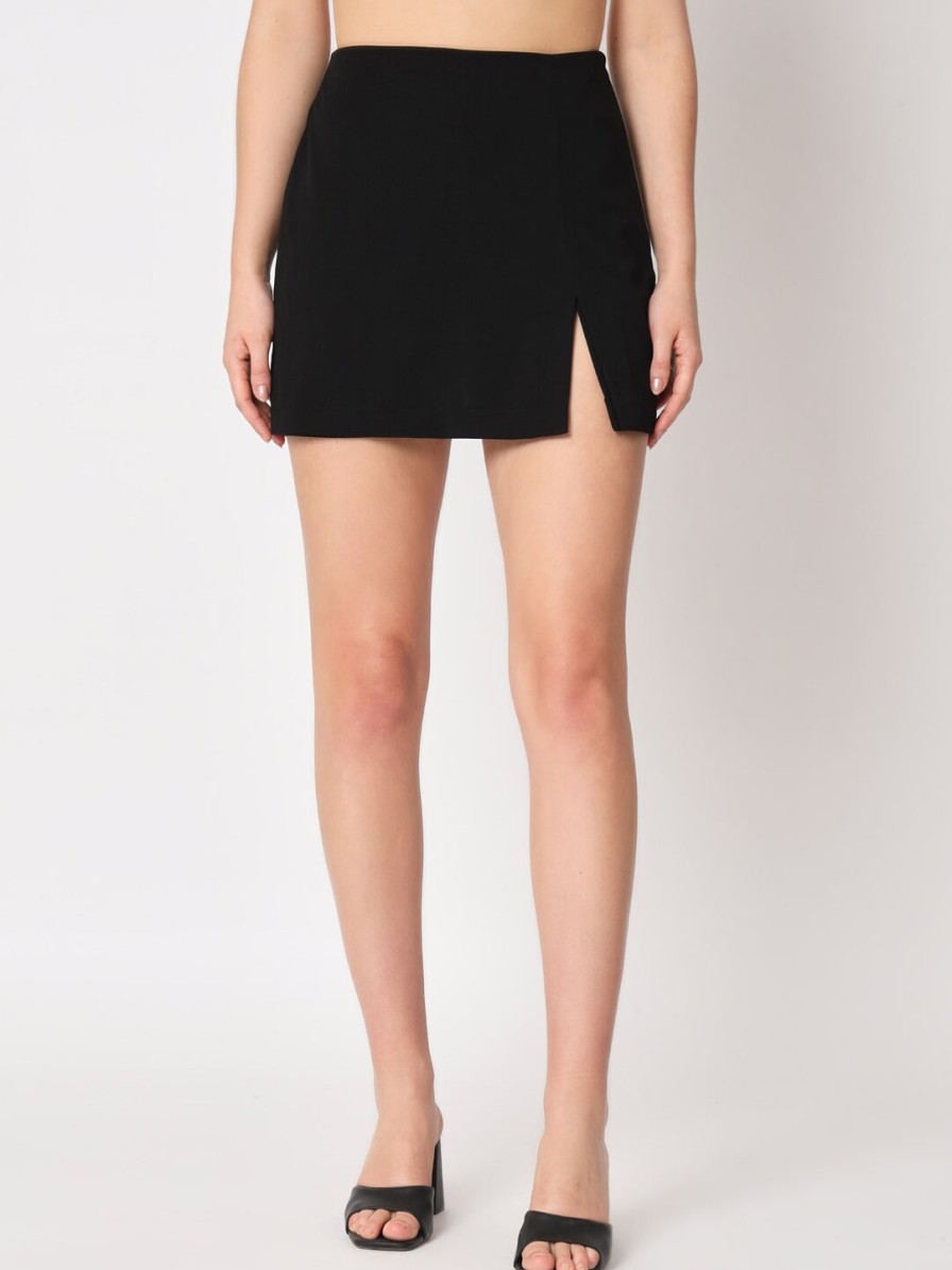 Women Zastraa Shorts & Skirts | Buy Zastraa Black Side Slit Scuba Mini Skorts - Apparel For Women