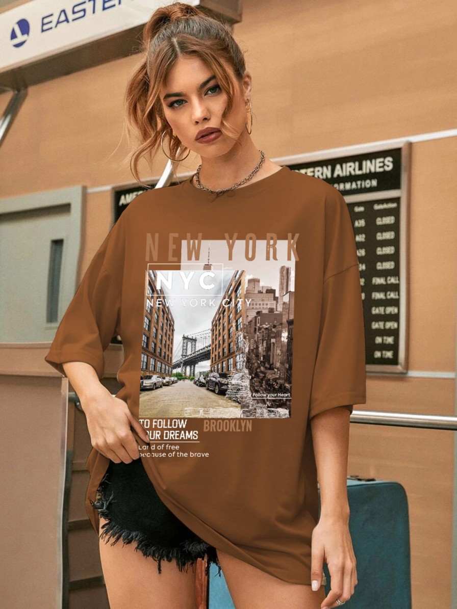 Women CHKOKKO Tshirts | Buy Chkokko People And Places Printed Round Neck Drop Shoulder Sleeves Oversized T Shirt - Apparel For Women