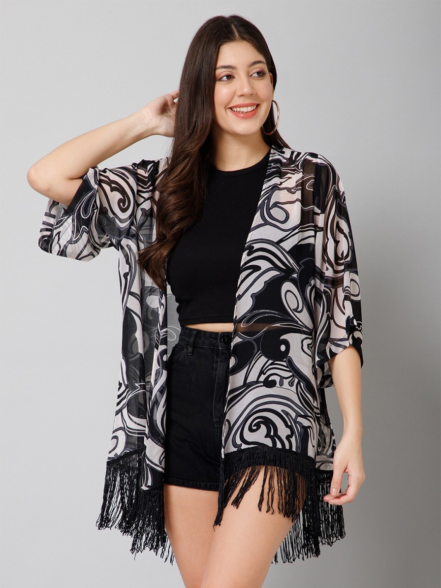 Women PURYS Shrugs | Buy Purys Abstract Printed Tasselled Longline Shrug - Apparel For Women