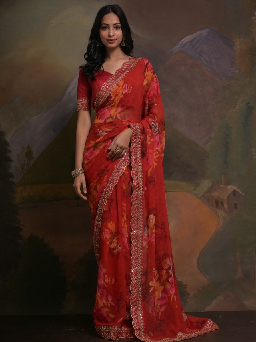 Women Anouk Sarees | Buy Anouk Red & Yellow Floral Printed & Embroidered Border Pure Georgette Saree - Apparel For Women