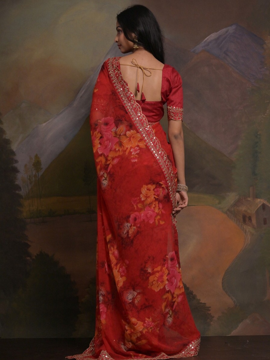 Women Anouk Sarees | Buy Anouk Red & Yellow Floral Printed & Embroidered Border Pure Georgette Saree - Apparel For Women