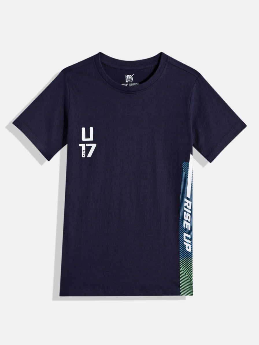 Kids HRX by Hrithik Roshan Hrx | Buy Hrx By Hrithik Roshan Boys Navy Blue Typography Pure Cotton T Shirt - Apparel For Boys