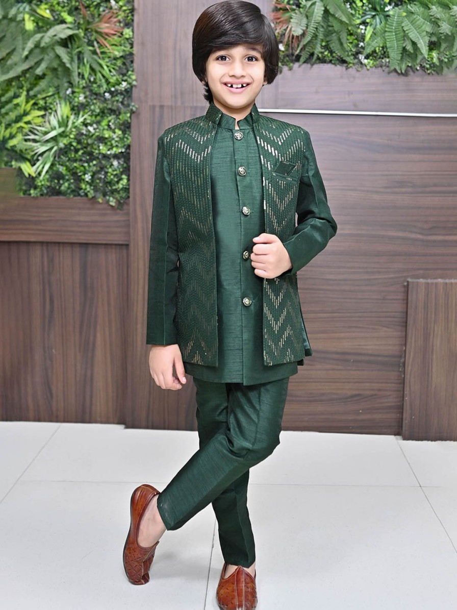 Kids ahhaaaa Ethnic Wear | Buy Ahhaaaa Boys Sequinned Ethnic Motifs Printed Kurta With Trousers & Waistcoat - Apparel For Boys