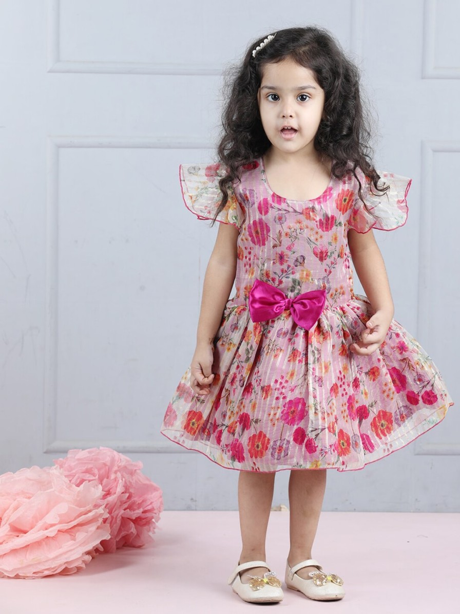 Kids Cutiekins Party Wear | Buy Cutiekins Girls Floral Print Flutter Sleeve Bow Fit & Flare Dress - Apparel For Girls