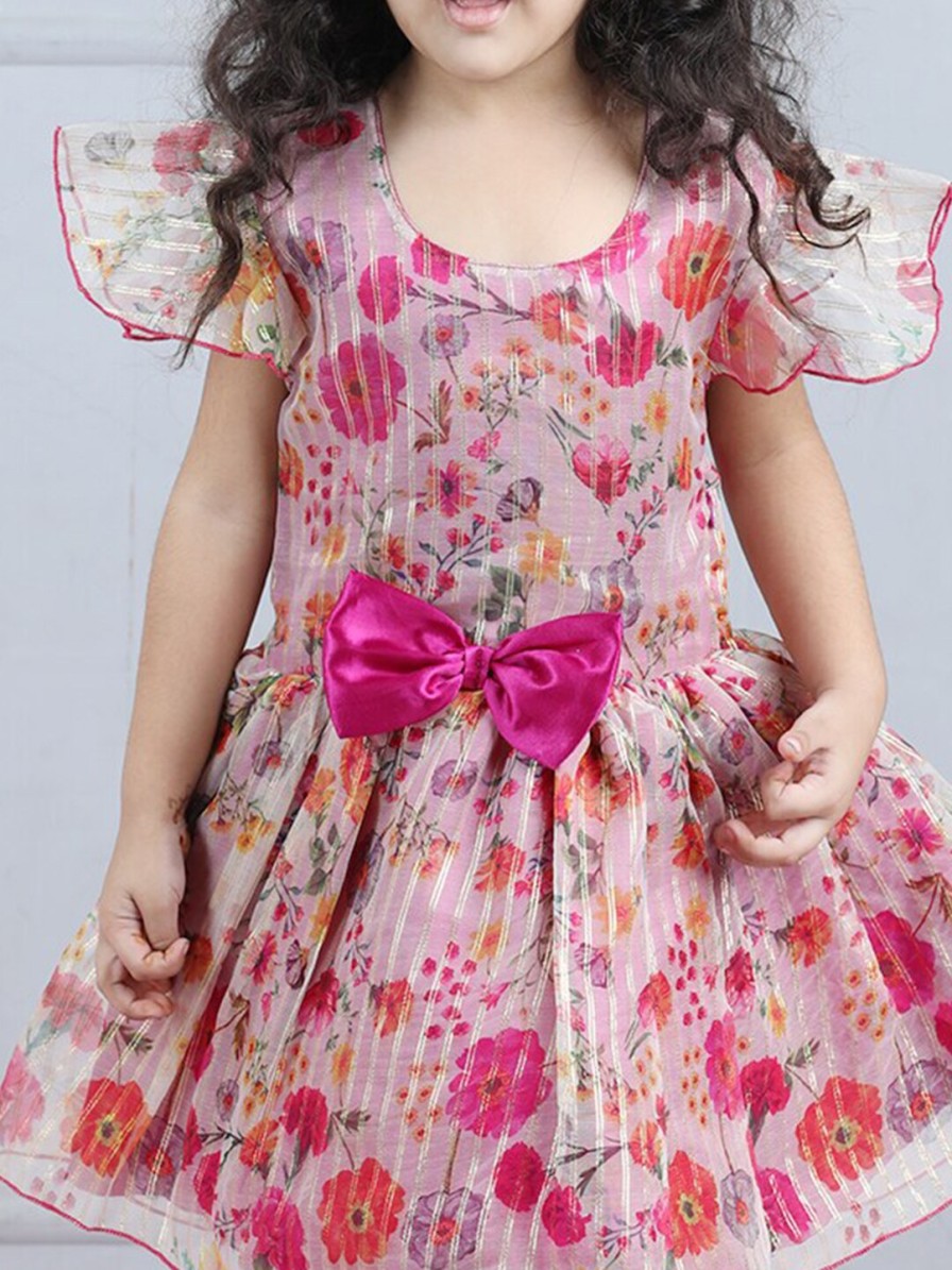 Kids Cutiekins Party Wear | Buy Cutiekins Girls Floral Print Flutter Sleeve Bow Fit & Flare Dress - Apparel For Girls