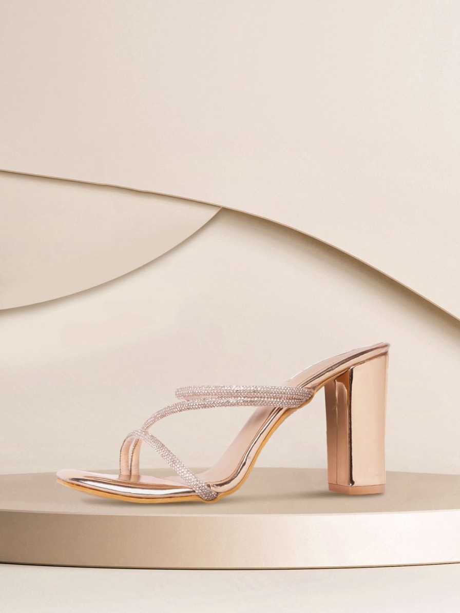 Women ELLE Heels | Buy Elle Rose Gold Toned Embellished Block Heels - Footwear For Women