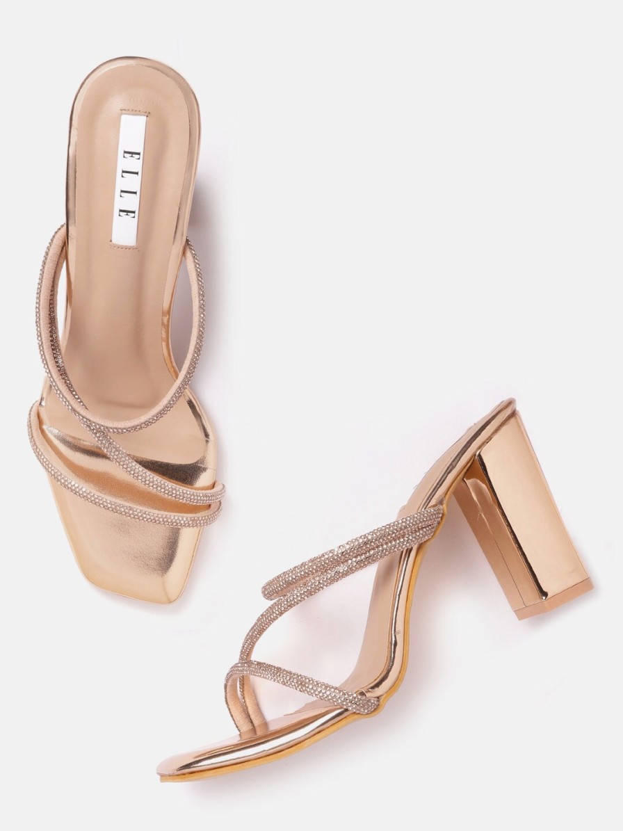 Women ELLE Heels | Buy Elle Rose Gold Toned Embellished Block Heels - Footwear For Women