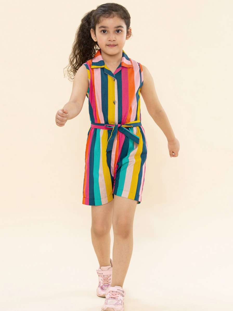 Kids A.T.U.N. Dungarees & Jumpsuits | Buy A T U N Girls Striped Cotton Waist Tie Ups Sleeveless Jumpsuit - Apparel For Girls