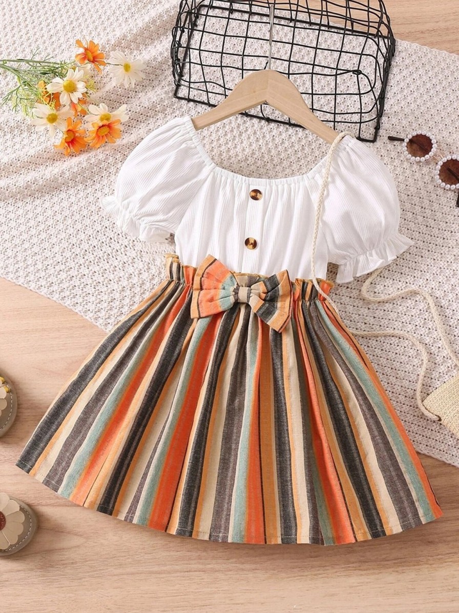 Kids BAESD Dresses | Buy Baesd Girls Striped Puff Sleeves Fit And Flare Dress - Apparel For Girls