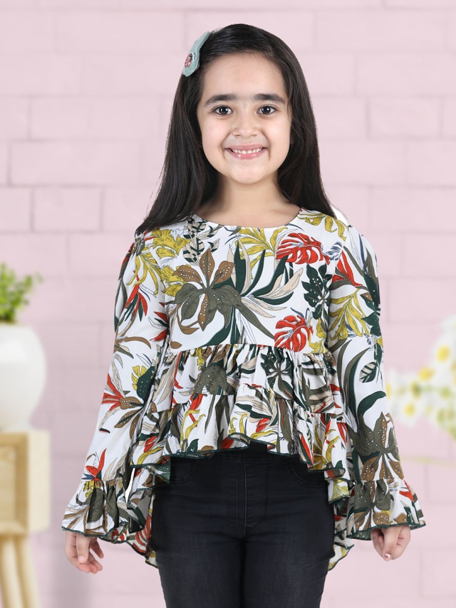 Kids Cutiekins Tops | Buy Cutiekins Girls White & Green Floral Print Crepe Empire Top - Apparel For Girls