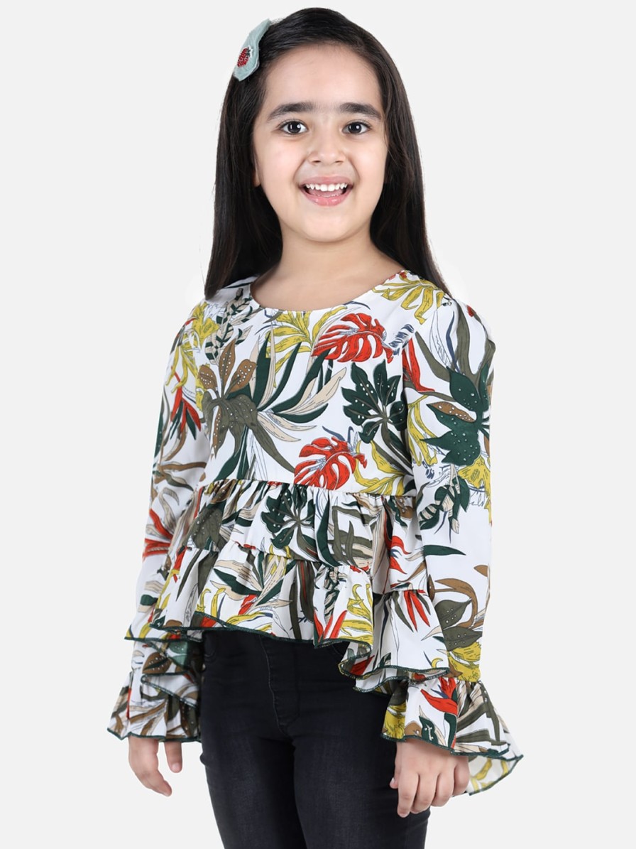 Kids Cutiekins Tops | Buy Cutiekins Girls White & Green Floral Print Crepe Empire Top - Apparel For Girls