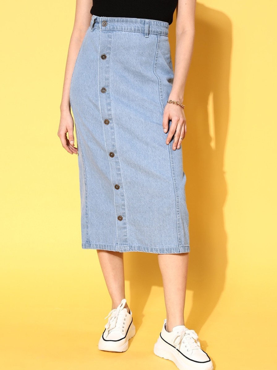 Women SASSAFRAS Skirts & Palazzos | Buy Sassafras Women Blue Solid Denim Skirts - Apparel For Women