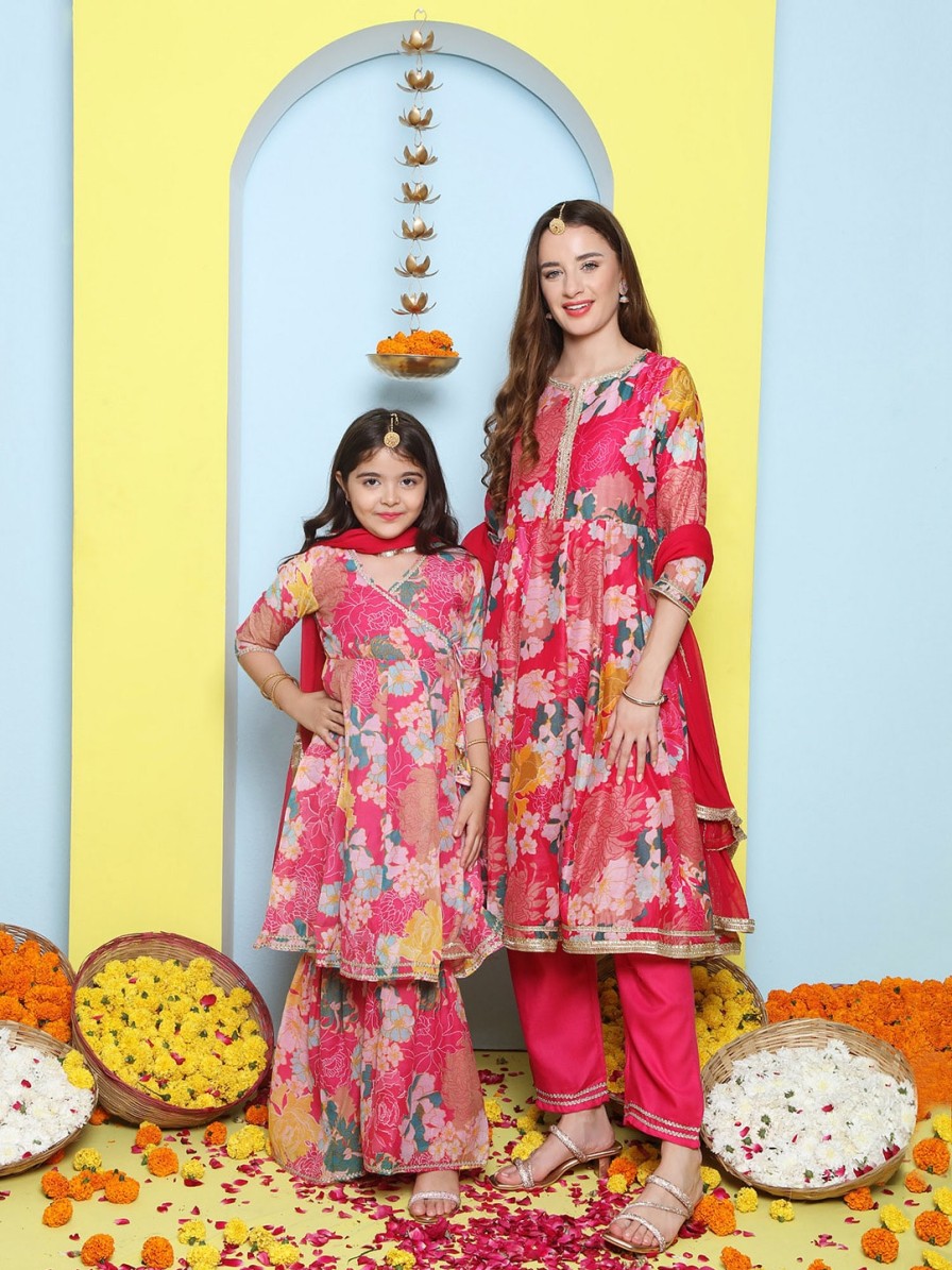 Kids Bitiya by Bhama Kurta Sets | Buy Bitiya By Bhama Girls Pink Floral Printed Angrakha Gotta Patti Kurta With Sharara & With Dupatta - Apparel For Girls