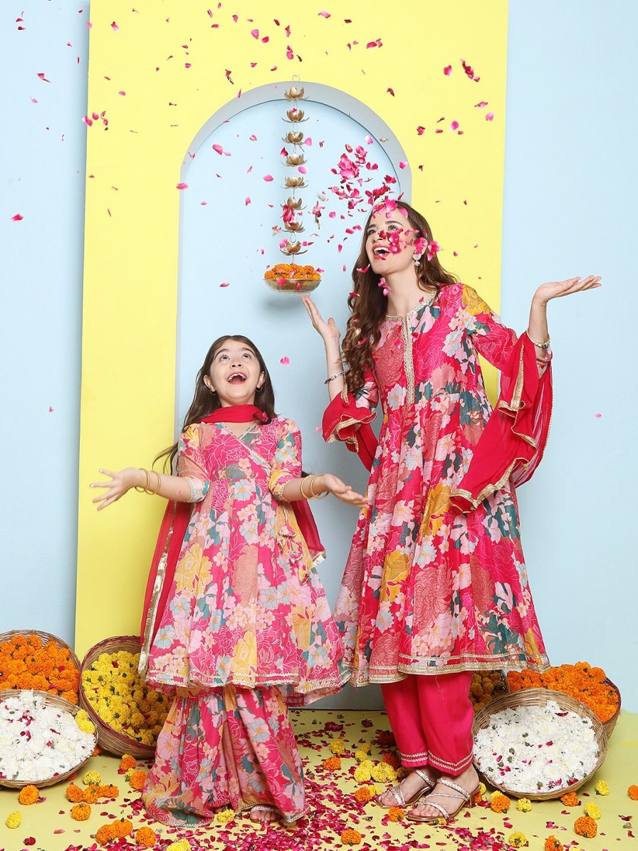 Kids Bitiya by Bhama Kurta Sets | Buy Bitiya By Bhama Girls Pink Floral Printed Angrakha Gotta Patti Kurta With Sharara & With Dupatta - Apparel For Girls