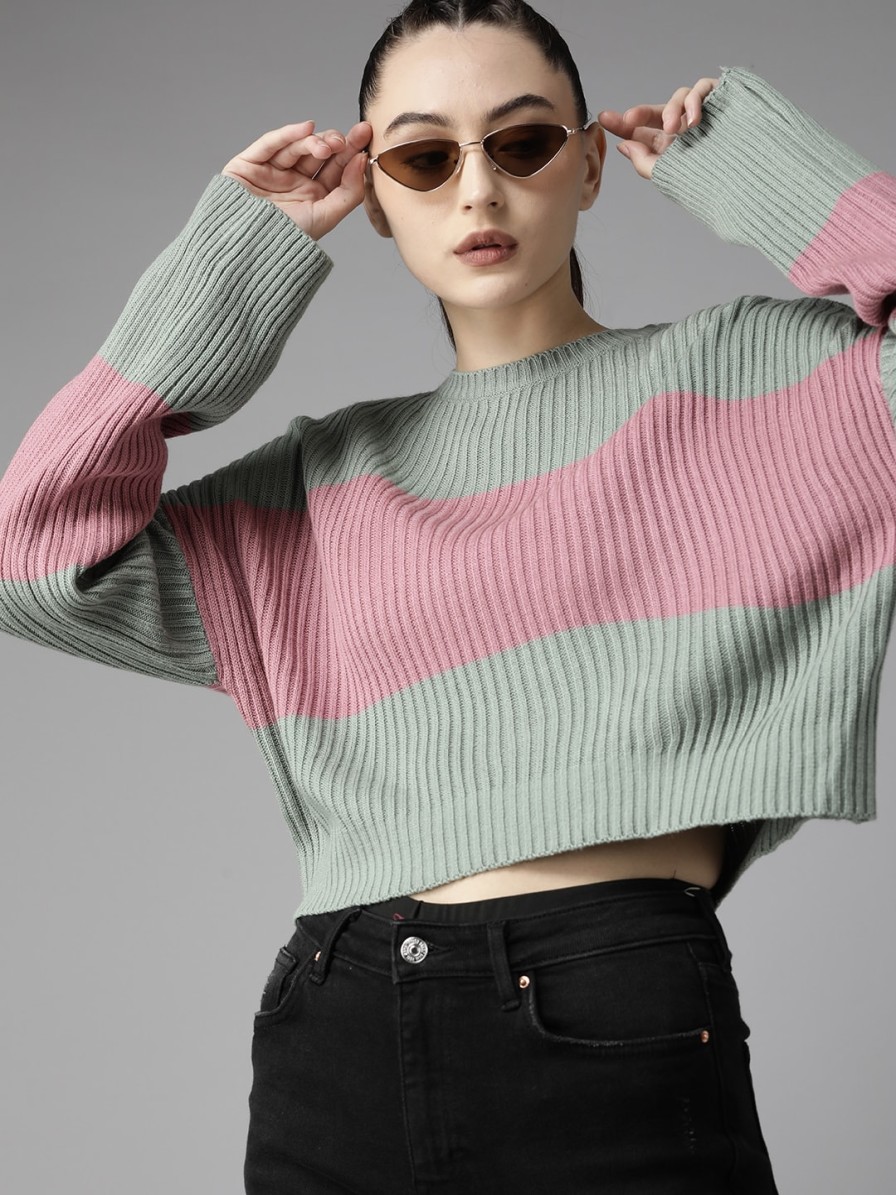 Women Roadster Sweaters & Sweatshirts | Buy Roadster Women Green & Pink Colourblocked Crop Pullover Sweater - Apparel For Women