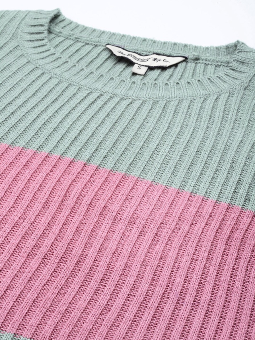 Women Roadster Sweaters & Sweatshirts | Buy Roadster Women Green & Pink Colourblocked Crop Pullover Sweater - Apparel For Women